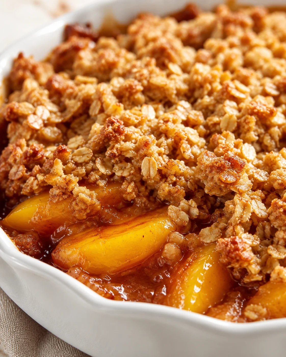 Golden-brown peach crumble with oat topping in a white baking dish, peaches visible in caramel sauce