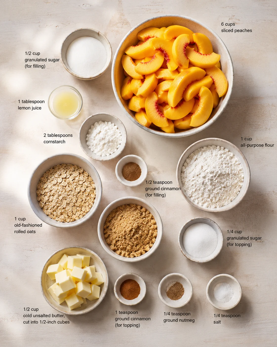 Overhead view of peach slices in a ceramic bowl with surrounding bowls of baking ingredients on a light wooden surface.