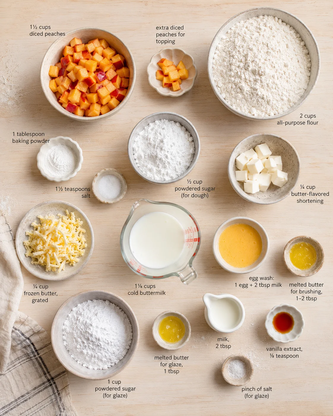 Overhead view of bowls with diced peaches, flour, sugar, butter, milk, and eggs arranged on a wooden surface.