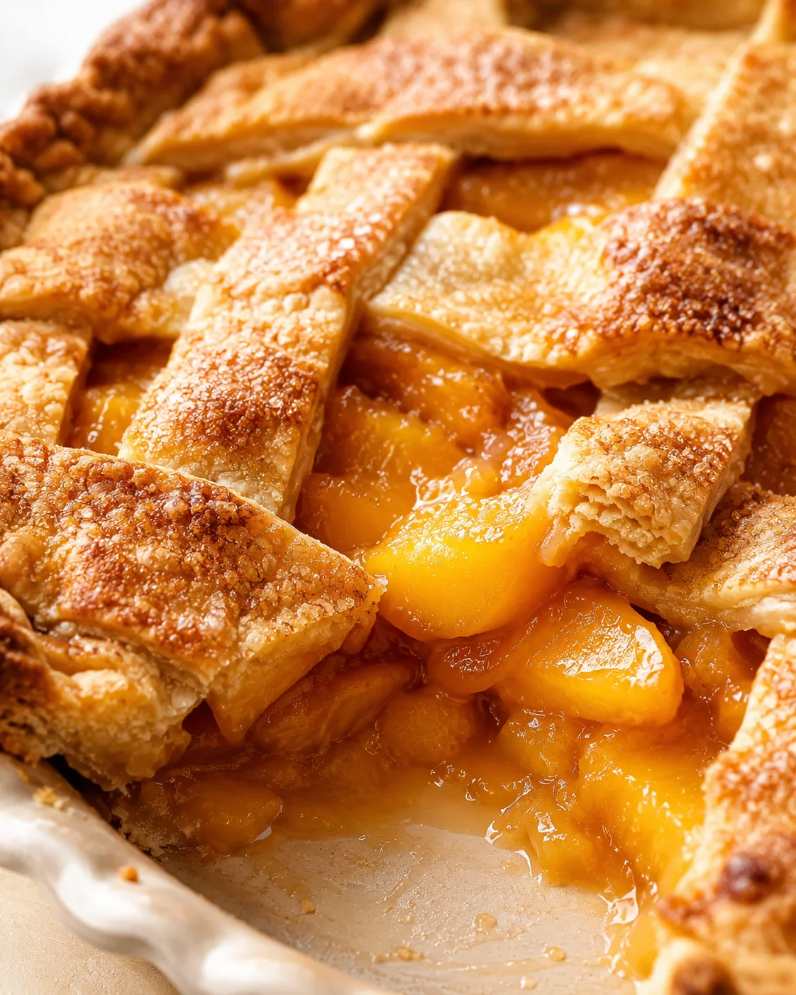 close-up of a peach galette with a golden lattice crust and juicy peach filling