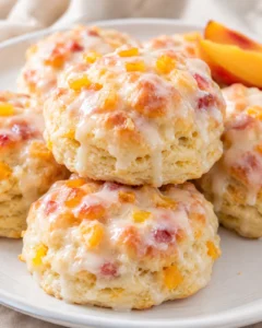 Close-up of fluffy biscuits covered in white glaze with peach pieces on top