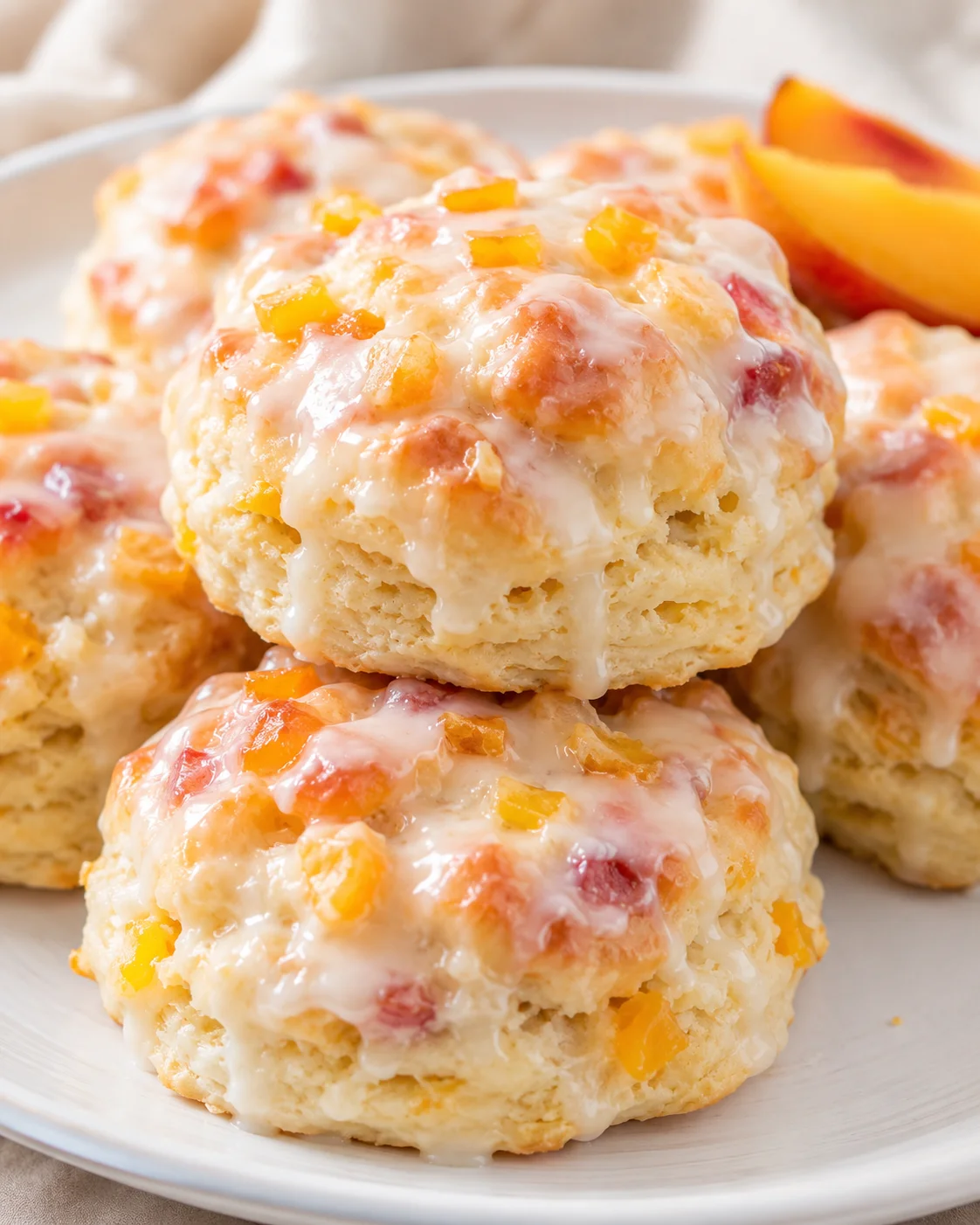 Close-up of fluffy biscuits covered in white glaze with peach pieces on top