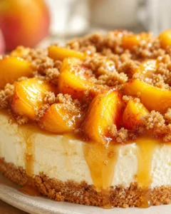 Close-up of peach-topped cheesecake with caramel glaze and crumb crust