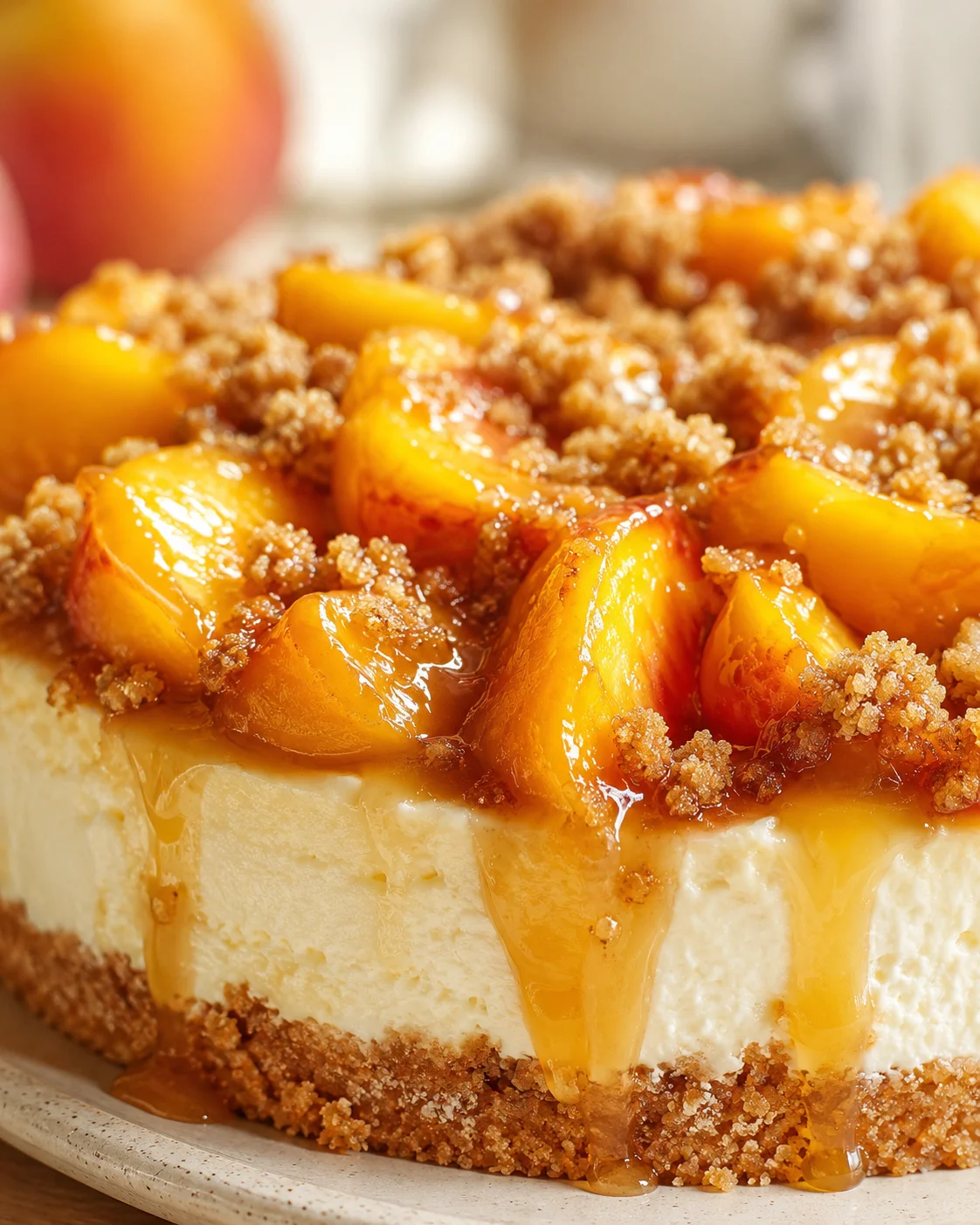 Close-up of peach-topped cheesecake with caramel glaze and crumb crust
