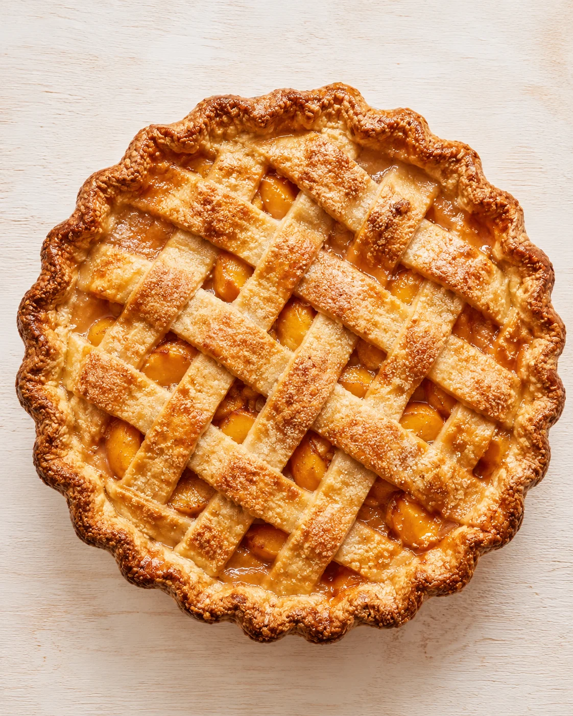 top-down view of a peach lattice pie with glossy filling on a light wooden surface