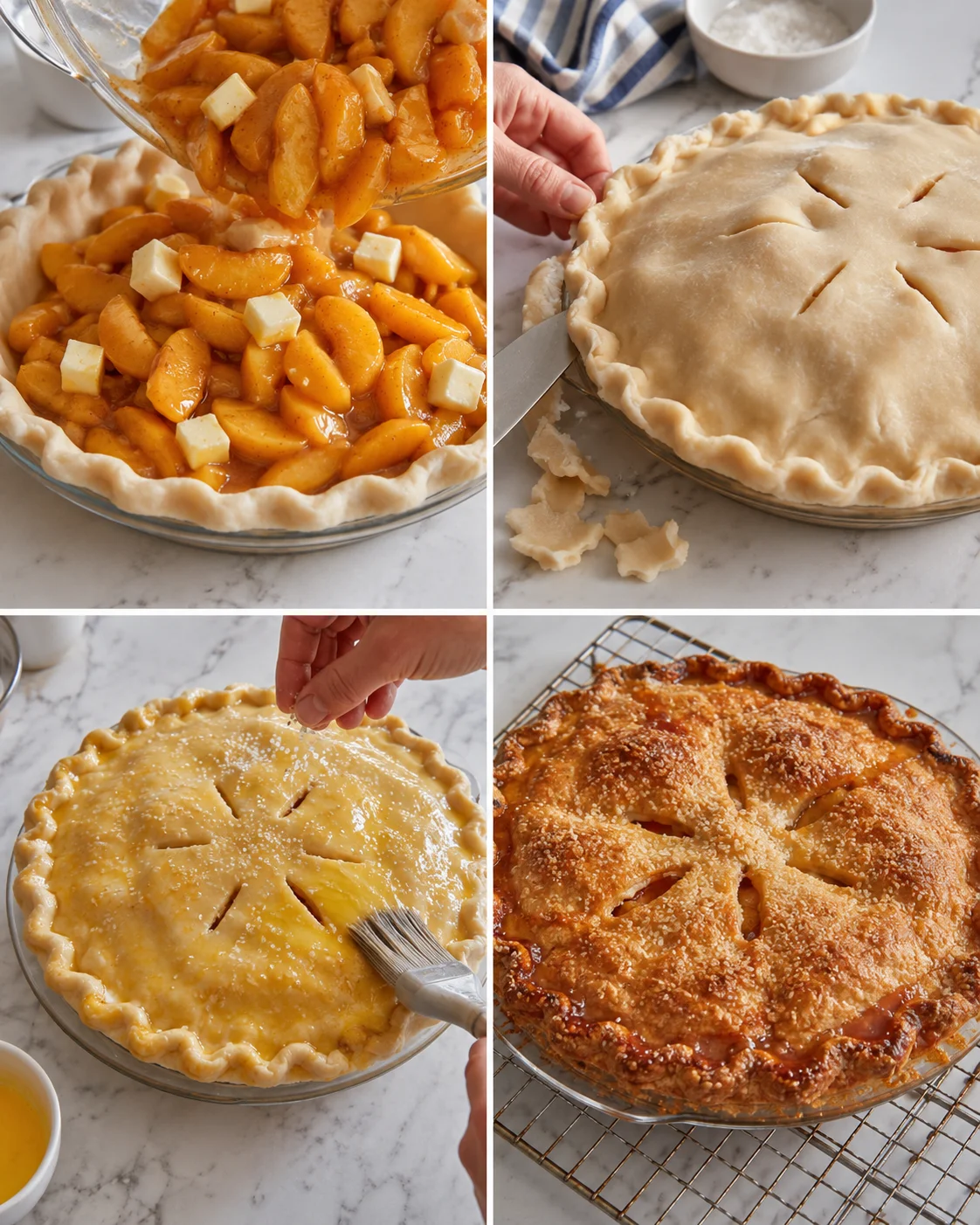 Four-panel collage showing peach pie making: filling, crust, brushing, and baked pie ready to slice.