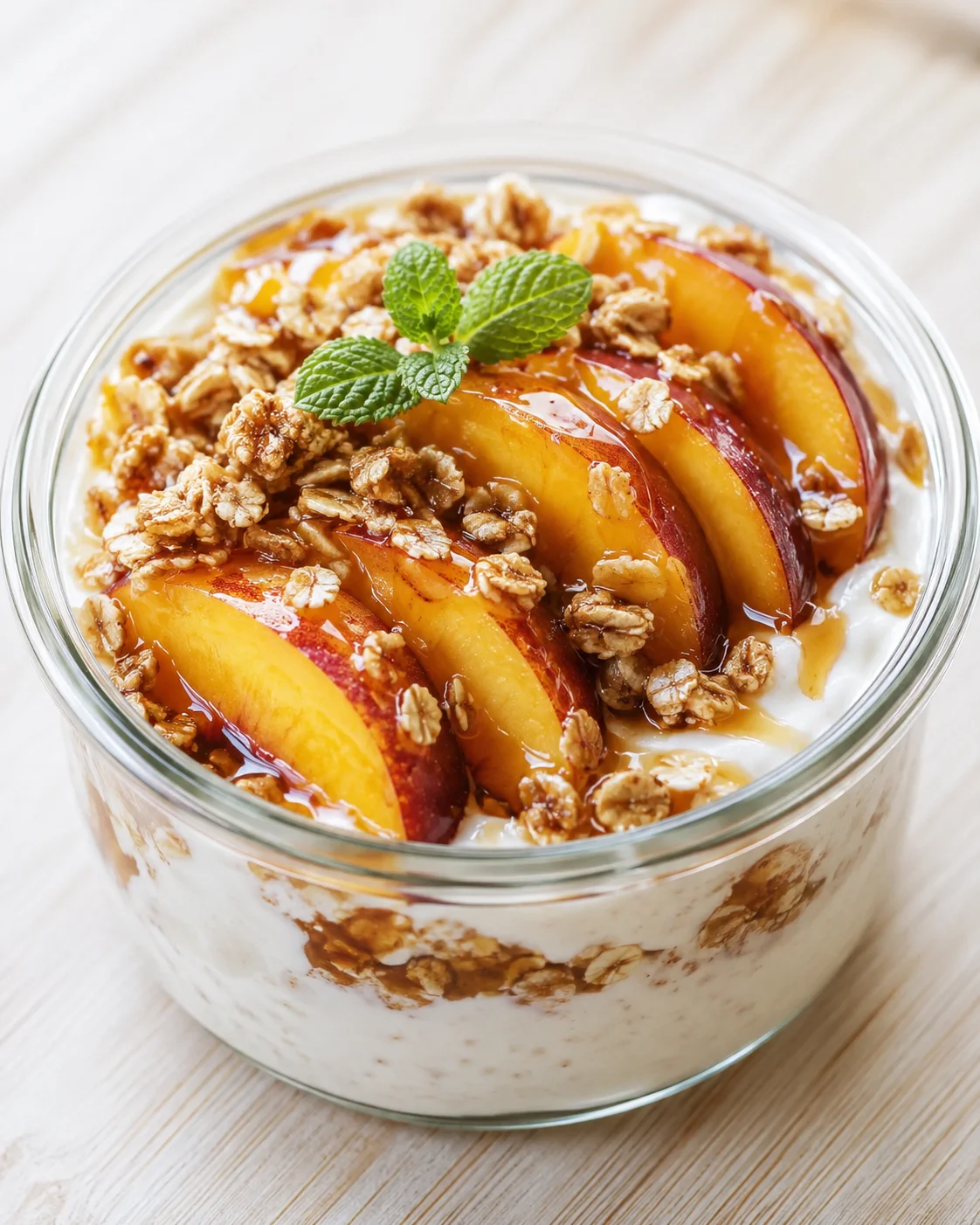 Layered yogurt parfait in a glass jar with peach slices, granola, and mint.