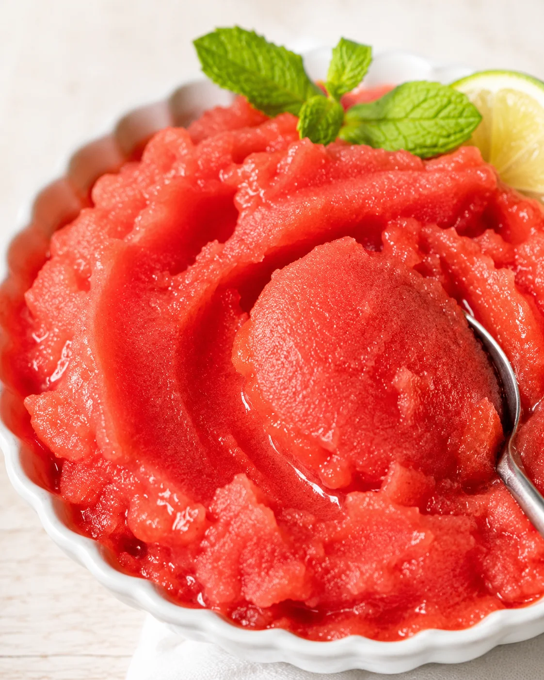 Bright red watermelon sorbet in a white scalloped bowl with mint and lime.
