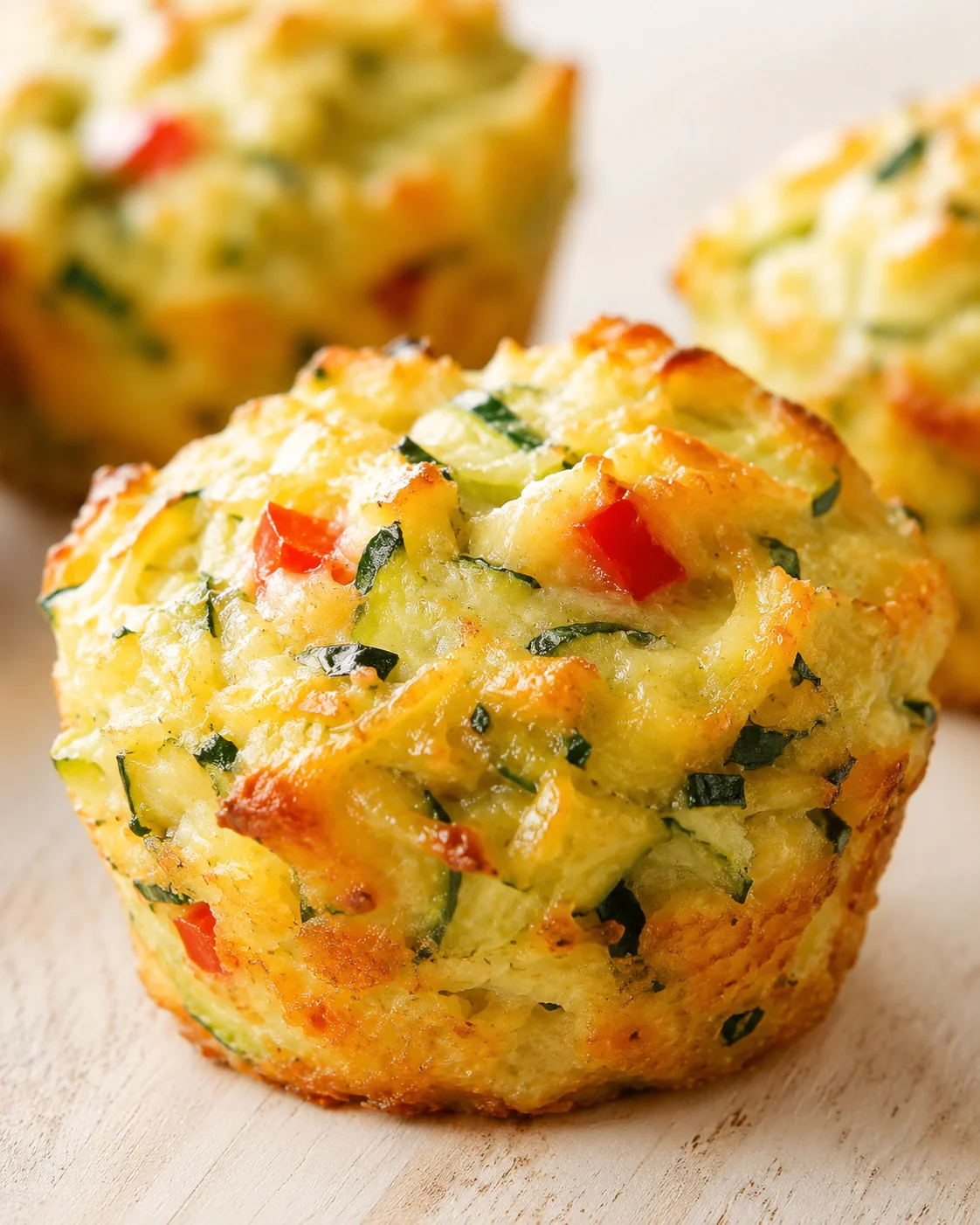 close-up of savory cheese-and-vegetable muffins with red peppers on a wooden board