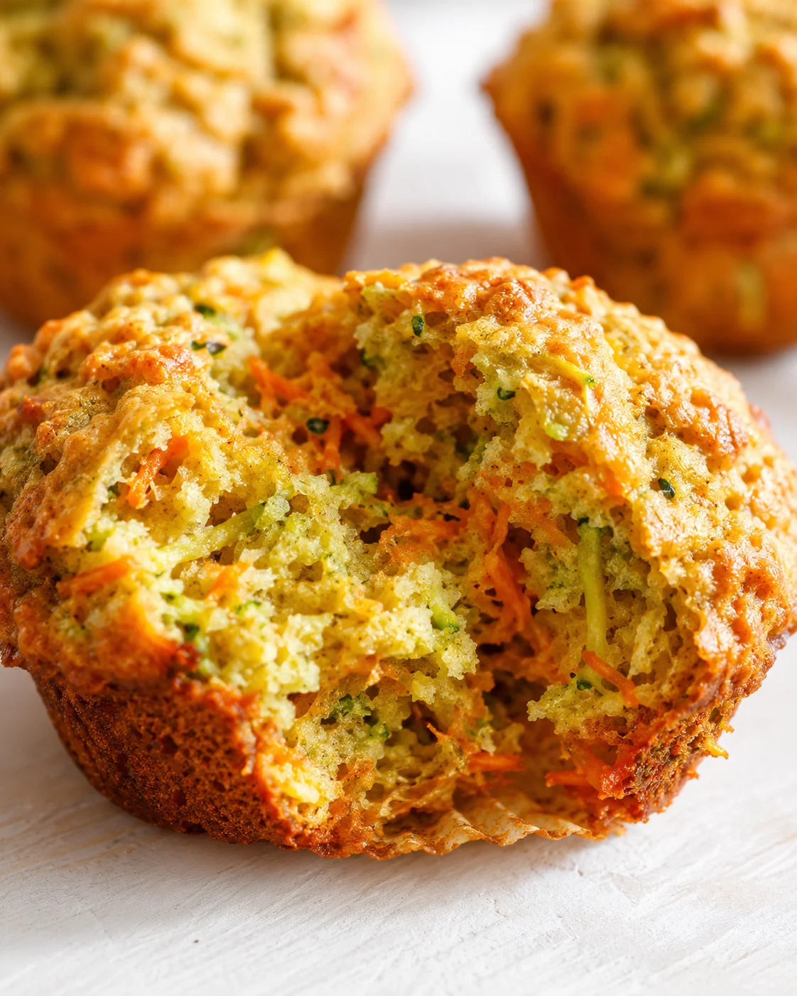 Close-up of a broken savory vegetable muffin, showing orange carrot and green herb specks.