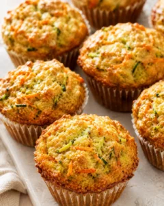 Golden-brown savory muffins with shredded carrot and zucchini in paper liners on a baking sheet