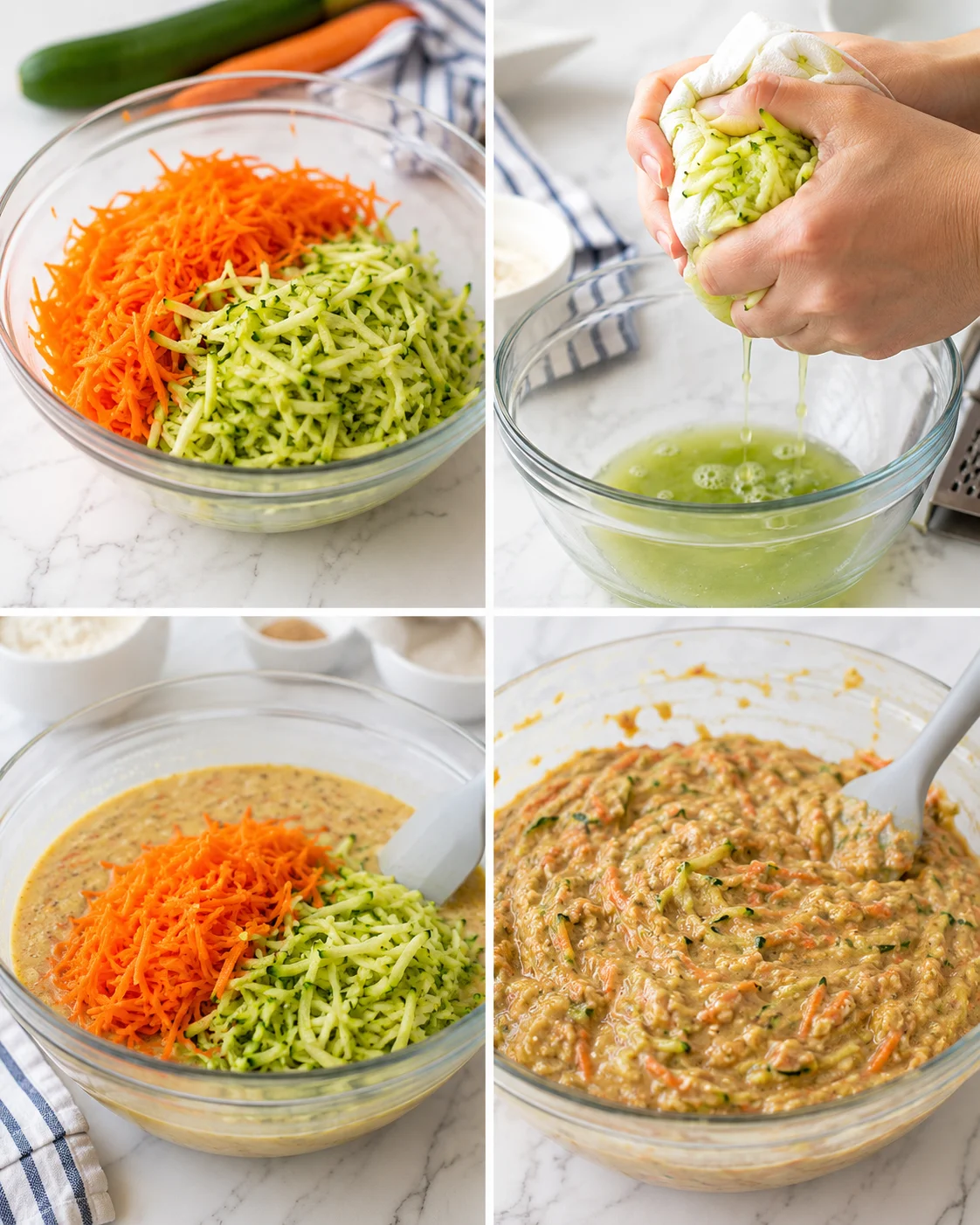 Four-panel collage showing grated carrot and zucchini and batter being mixed in glass bowls.