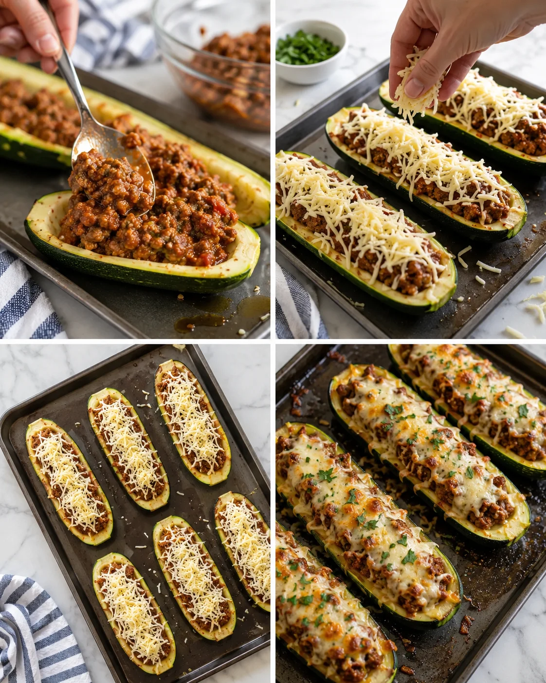 zucchini boats stuffed with meat sauce and melted cheese on a baking sheet