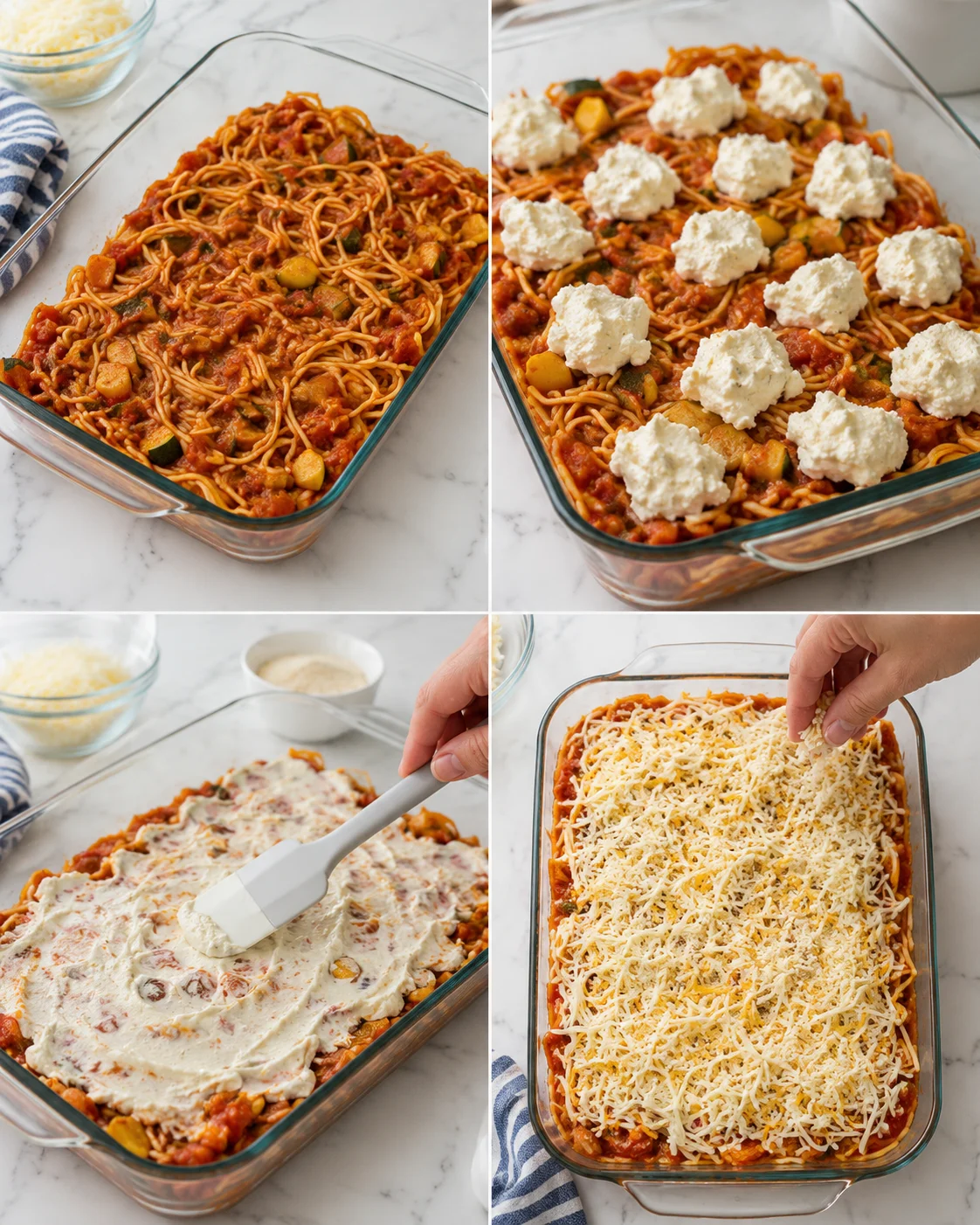 collage showing four steps of assembling a vegetable pasta bake with tomato sauce, ricotta, and grated cheese