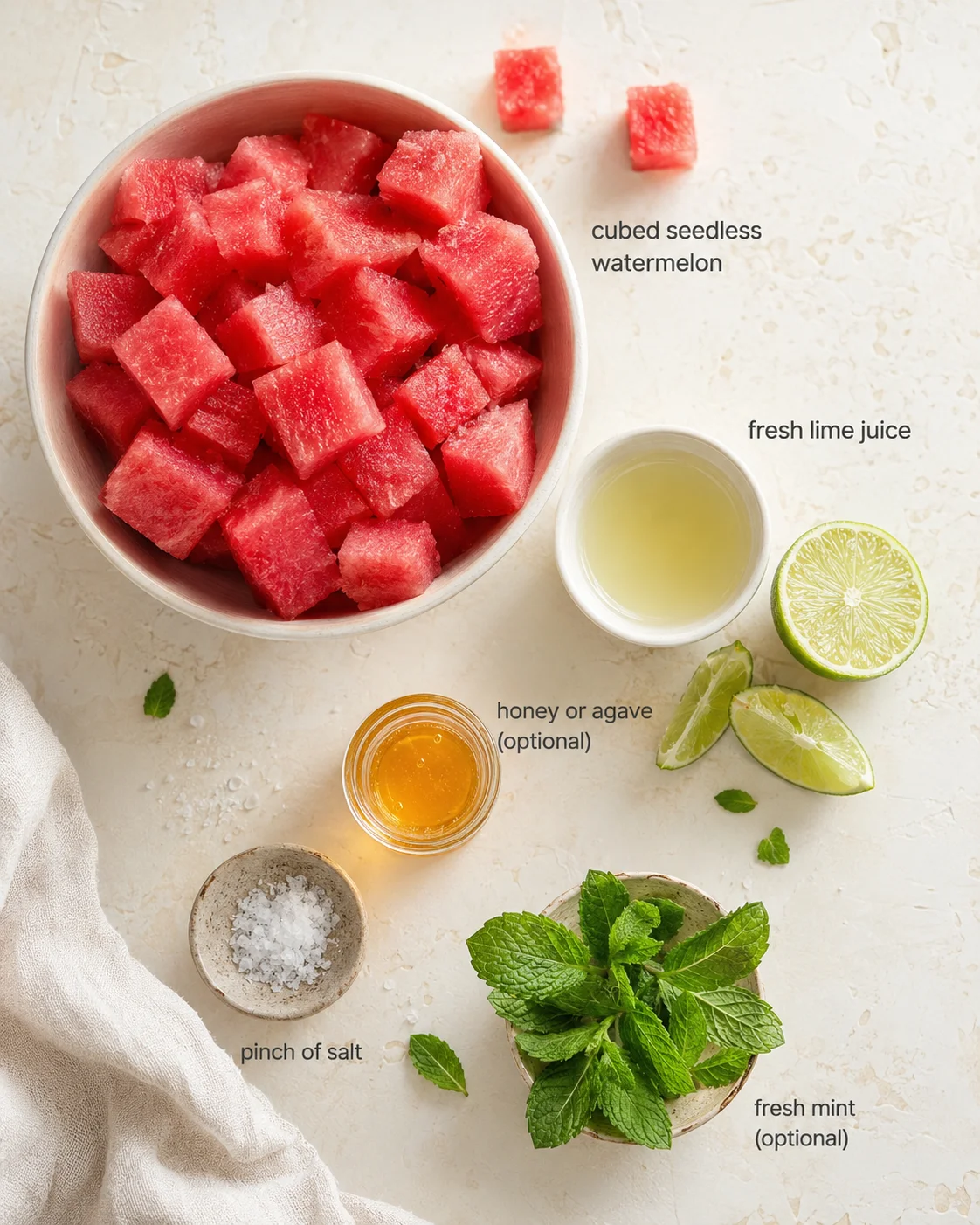 Bowl of cubed watermelon with lime juice, lime halves, honey, salt, and fresh mint on a light countertop