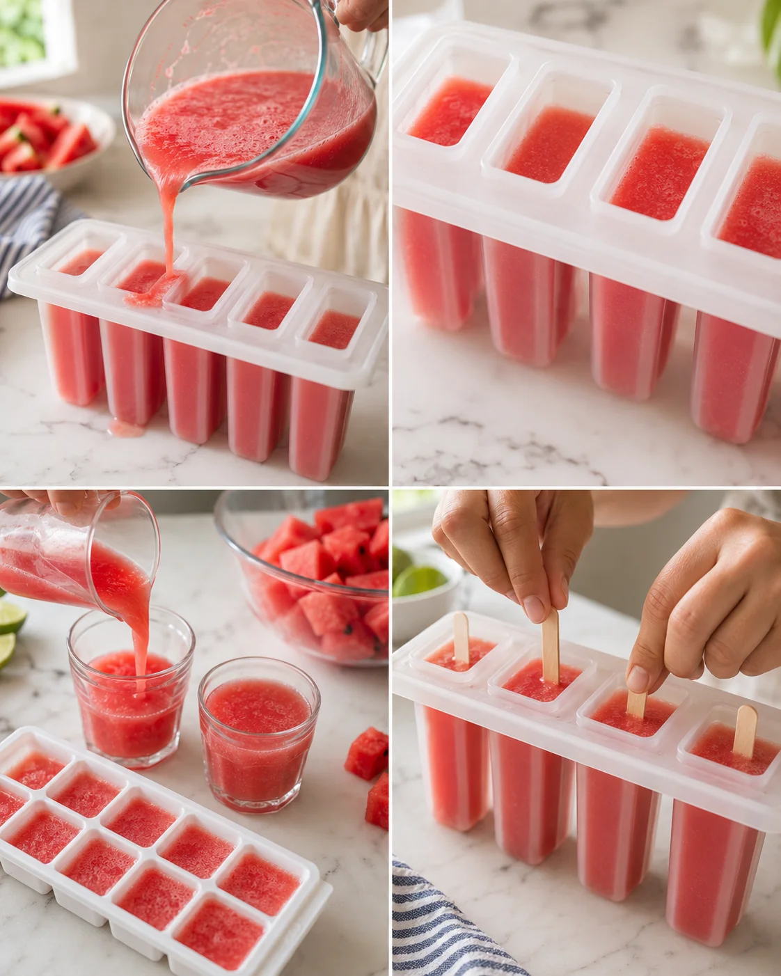 Collage showing pink watermelon popsicles in white molds being poured, frozen, and prepared with sticks.