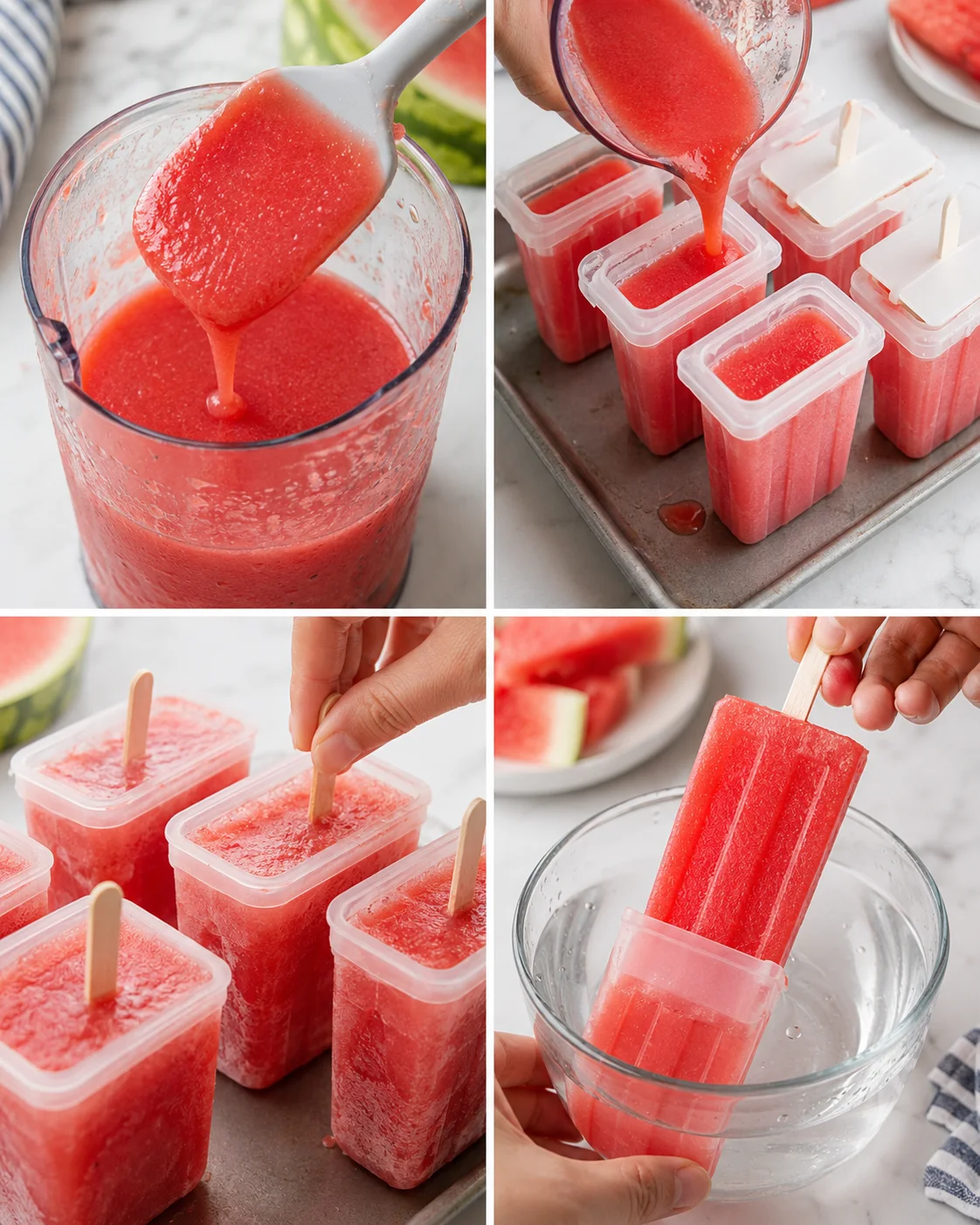 Collage of vivid watermelon popsicles in clear molds on a tray, with fresh watermelon nearby.