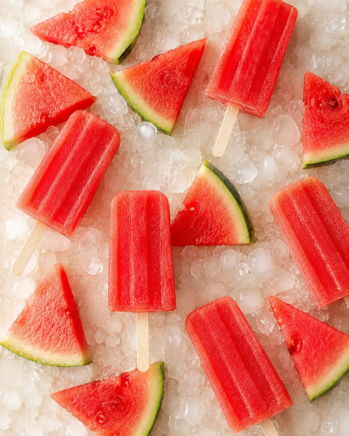 Bright red watermelon popsicles on ice with watermelon wedges and green rind.