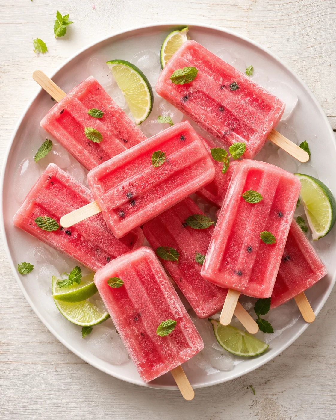 Pink watermelon popsicles on a bed of ice with lime wedges and mint leaves