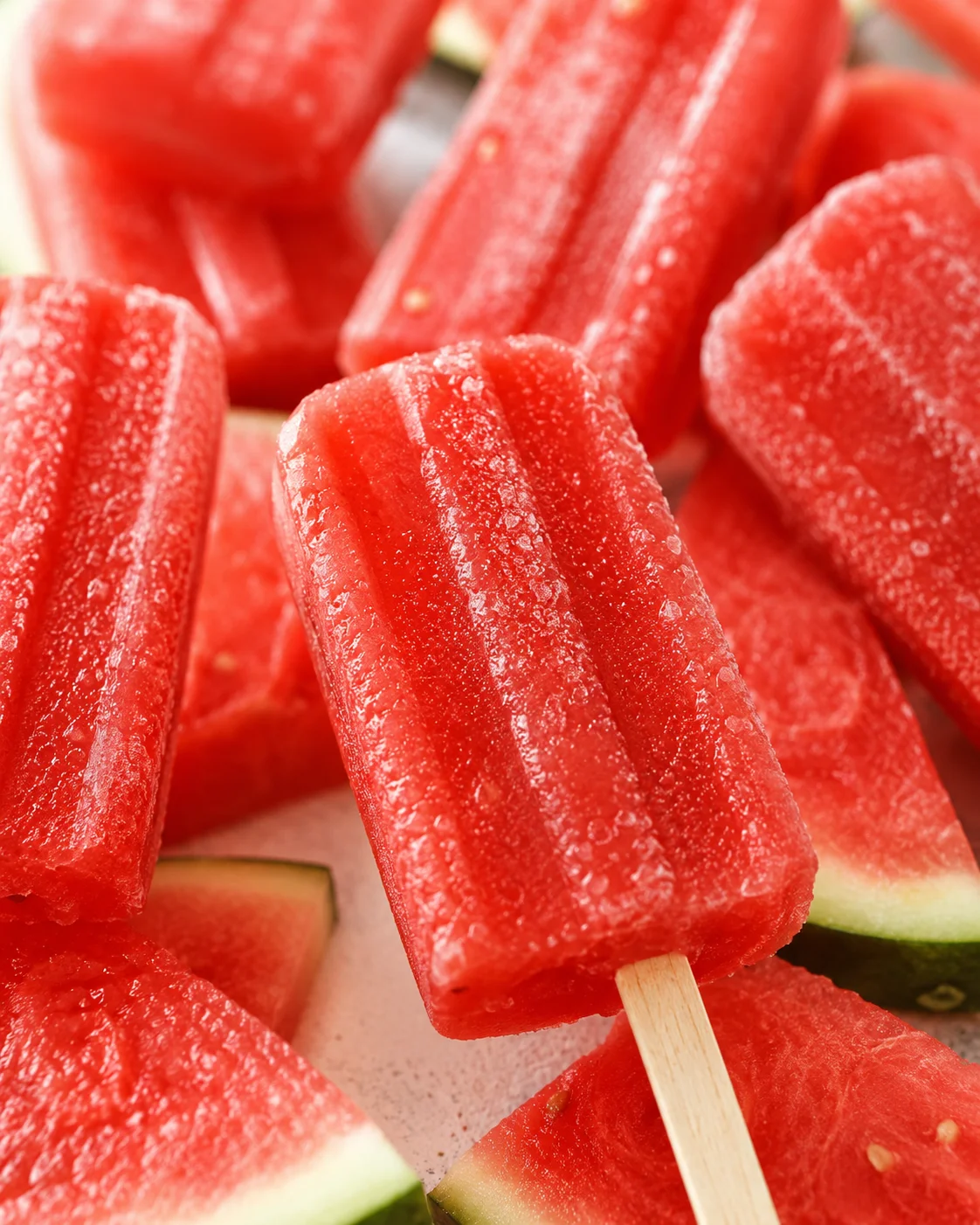 Close-up of red watermelon popsicles on wooden sticks with a frosty surface.