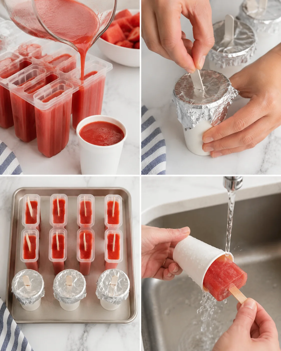 collage showing watermelon popsicle prep: pouring juice into molds, sealing with foil lids, tray of popsicles, and rinsing under water