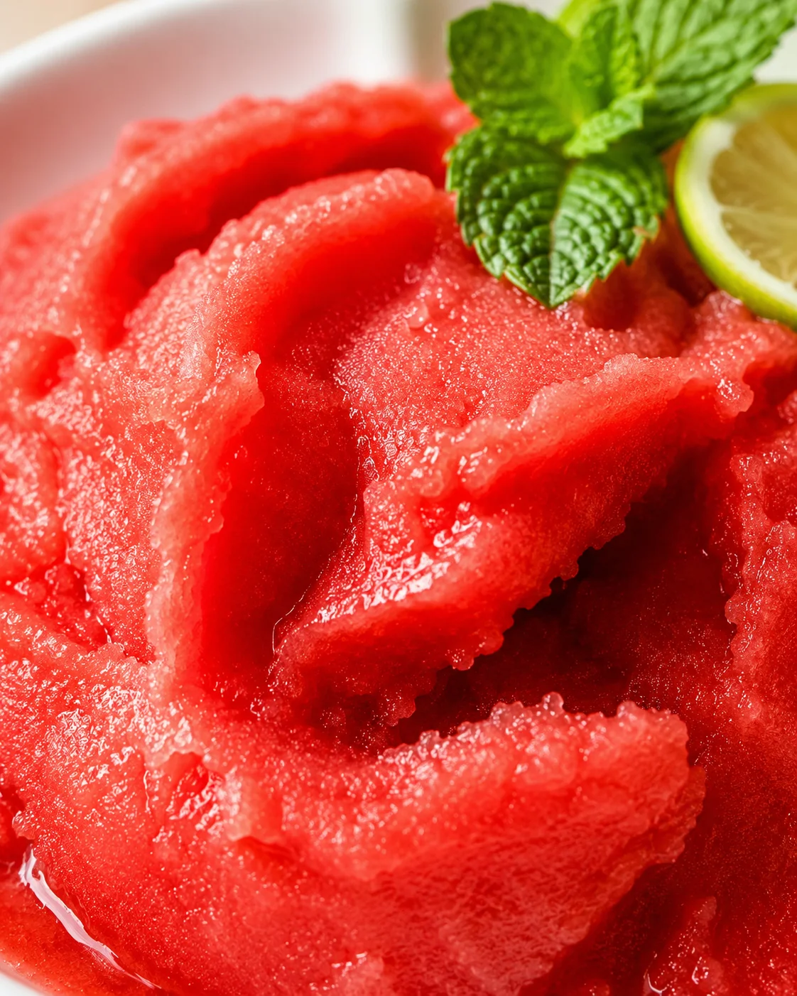 close-up of bright red watermelon sorbet with mint and lime garnish in a white bowl