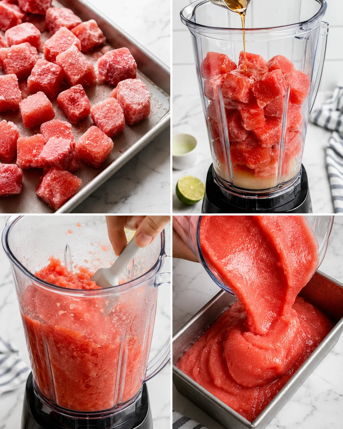 four-panel collage of watermelon sorbet process: cubes on tray, blender pouring, blending, and thick pink sorbet in a pan
