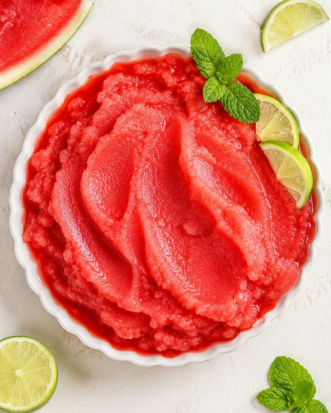 Bright pink watermelon sorbet in a white scalloped bowl, garnished with lime wedges and mint.