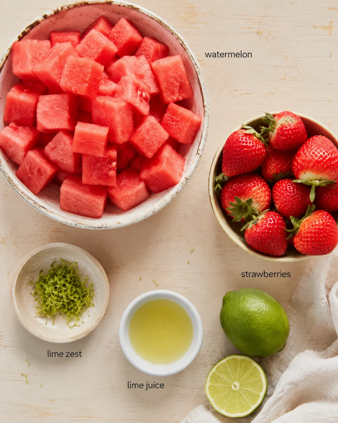 Top-down view of watermelon cubes and strawberries with lime juice, zest, and limes.
