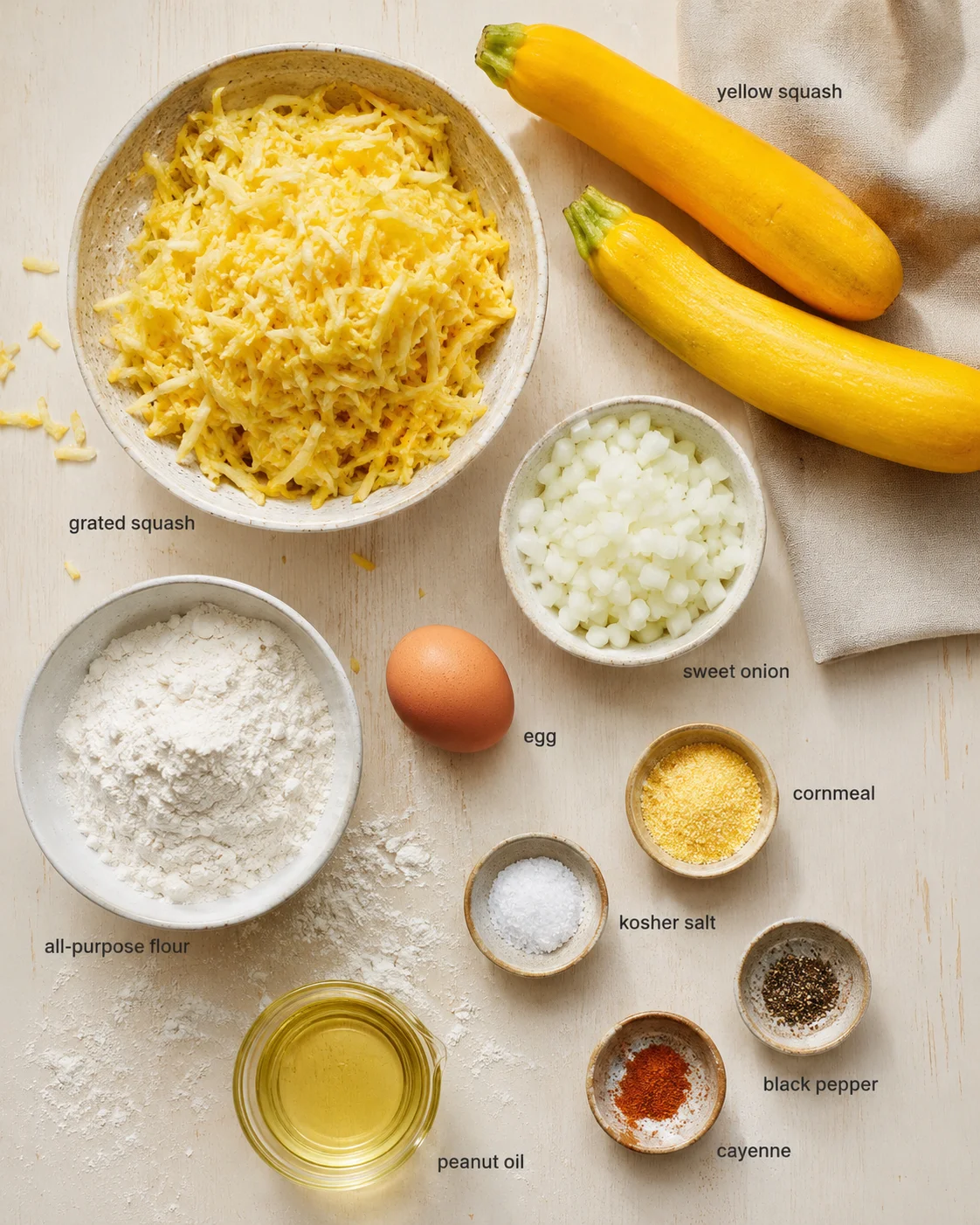 Top-down view of squash fritter ingredients laid out on a light wooden surface.