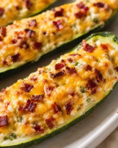 close-up of stuffed zucchini boats topped with melted cheese and crispy bacon on a white baking dish