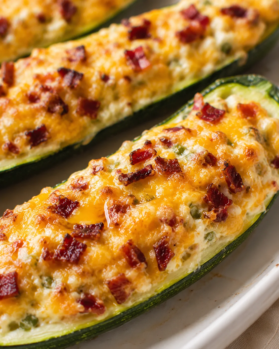 close-up of stuffed zucchini boats topped with melted cheese and crispy bacon on a white baking dish