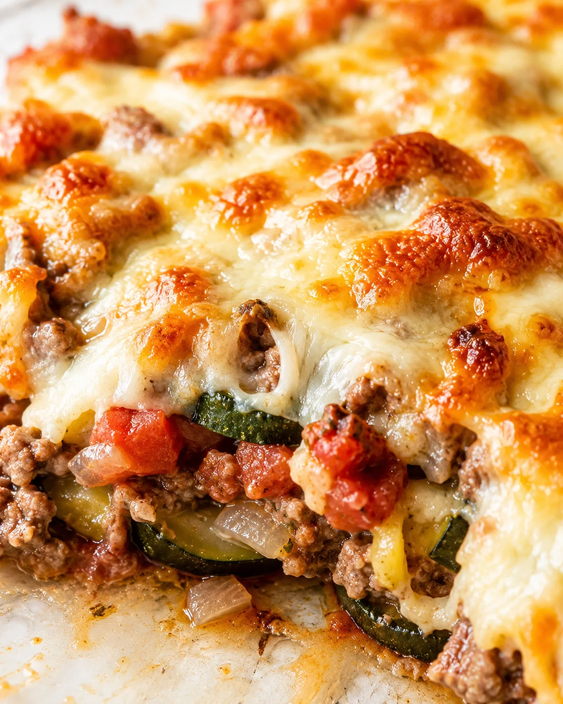 Close-up of a cheesy pizza with ground beef, zucchini, onions, and tomatoes on a browned crust.