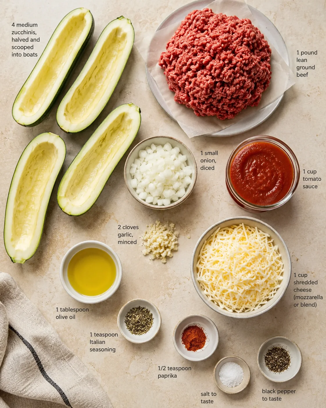 Overhead view of stuffed zucchini boats ingredients with labeled quantities and bowls.