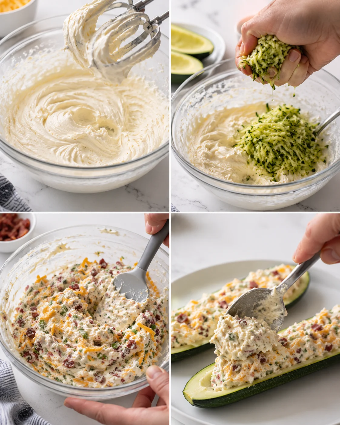 Four-panel collage showing step-by-step stuffed zucchini boats with a creamy filling.