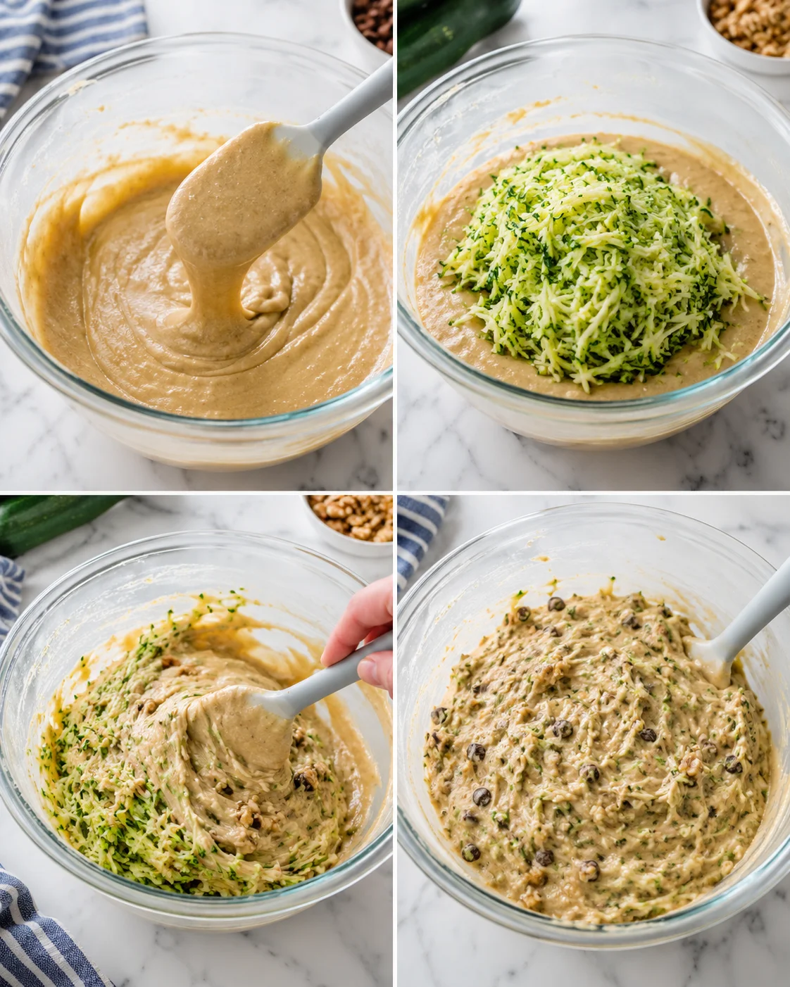 Collage showing batter in glass bowls, zucchini being added, and mix-ins for zucchini bread