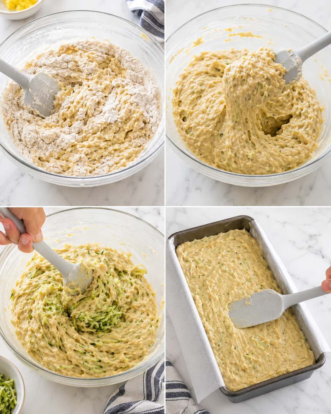 Four-panel collage showing zucchini bread batter being mixed, folded, and poured into a lined loaf pan.
