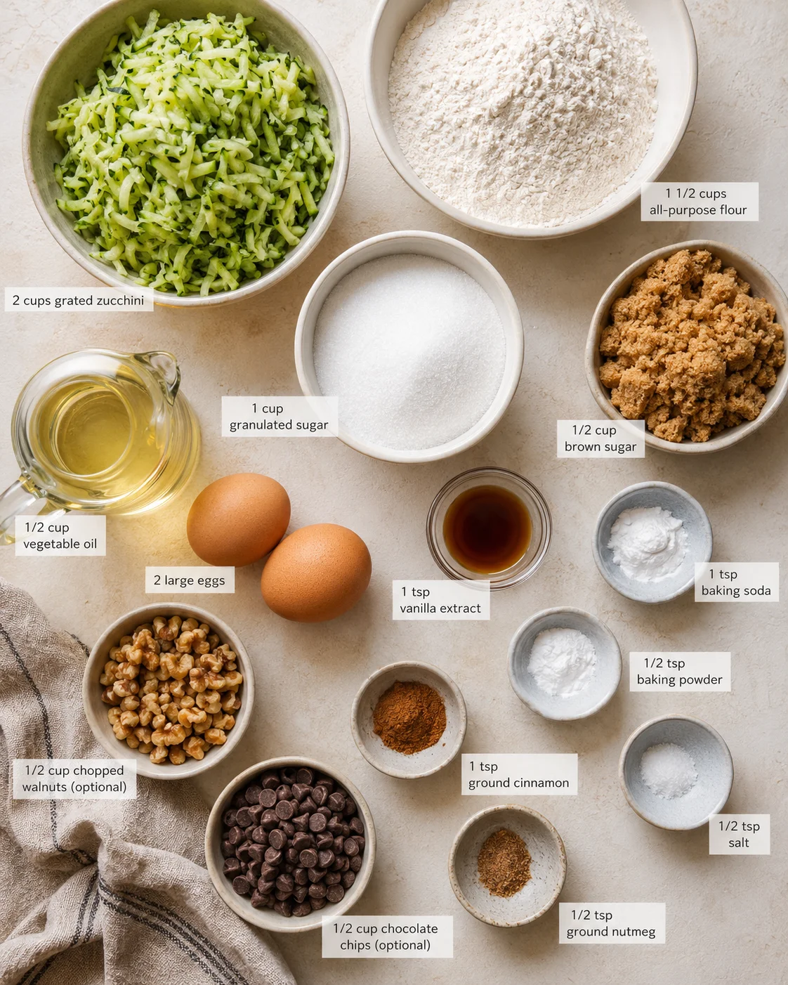 Flat lay of baking ingredients around a bowl of grated zucchini, with labeled measurements.