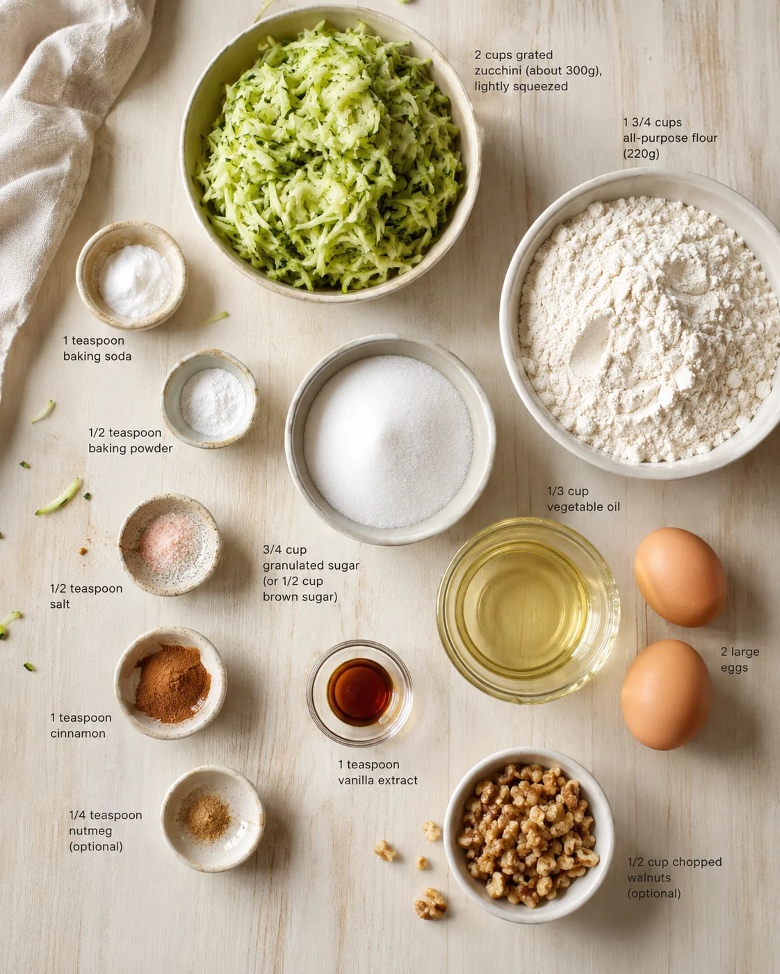 Overhead view of zucchini, flour, eggs, oil, and spices arranged with labels on a wooden surface.