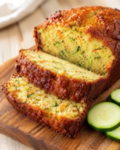 Savory zucchini-carrot loaf slices on a wooden board with cucumber rounds