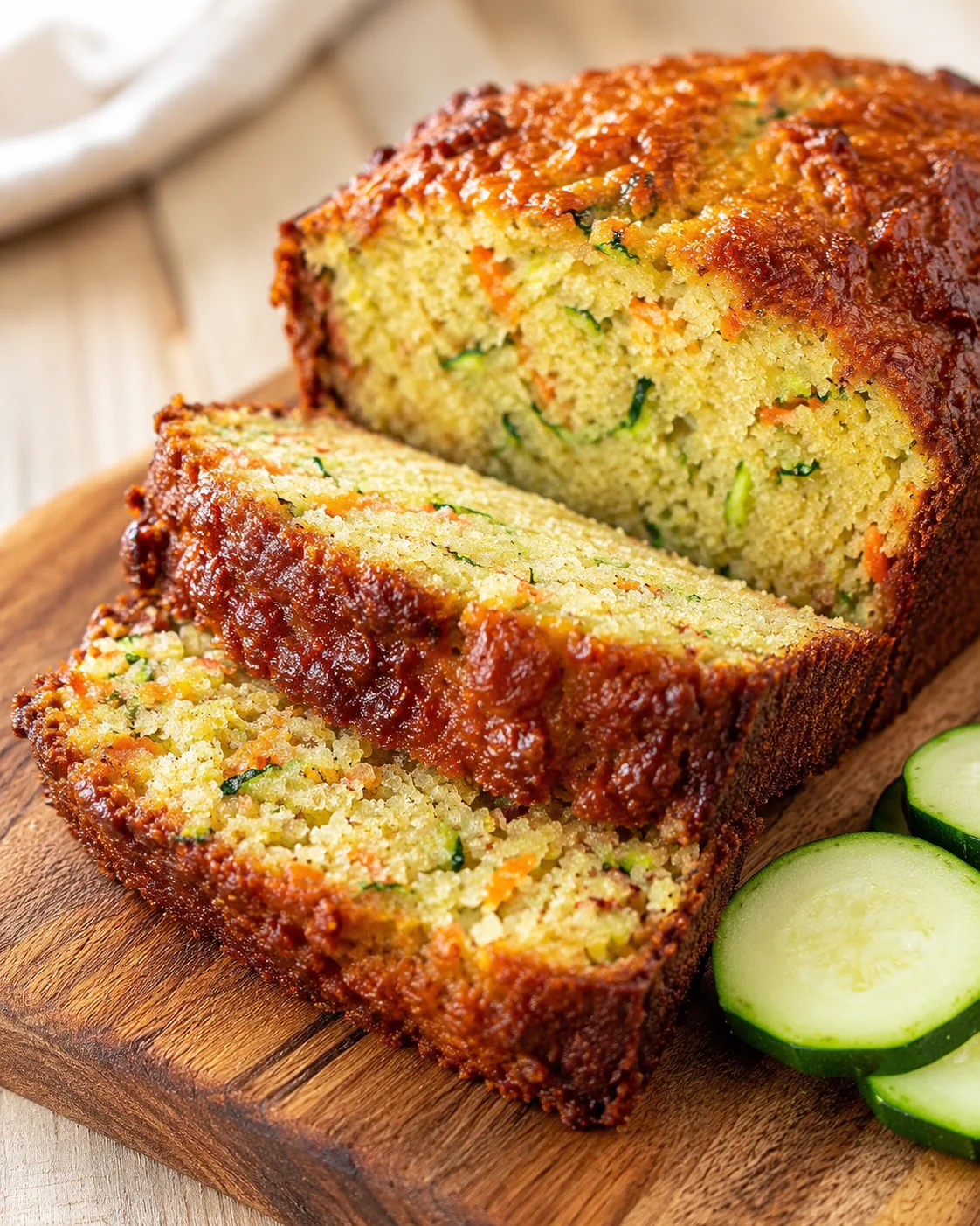 Savory zucchini-carrot loaf slices on a wooden board with cucumber rounds