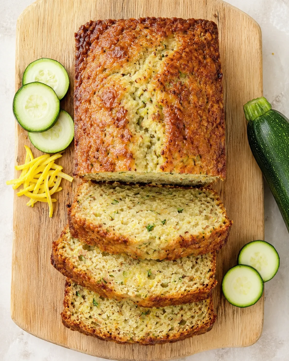 loaf of zucchini bread sliced on a wooden board with cucumber slices and a whole zucchini