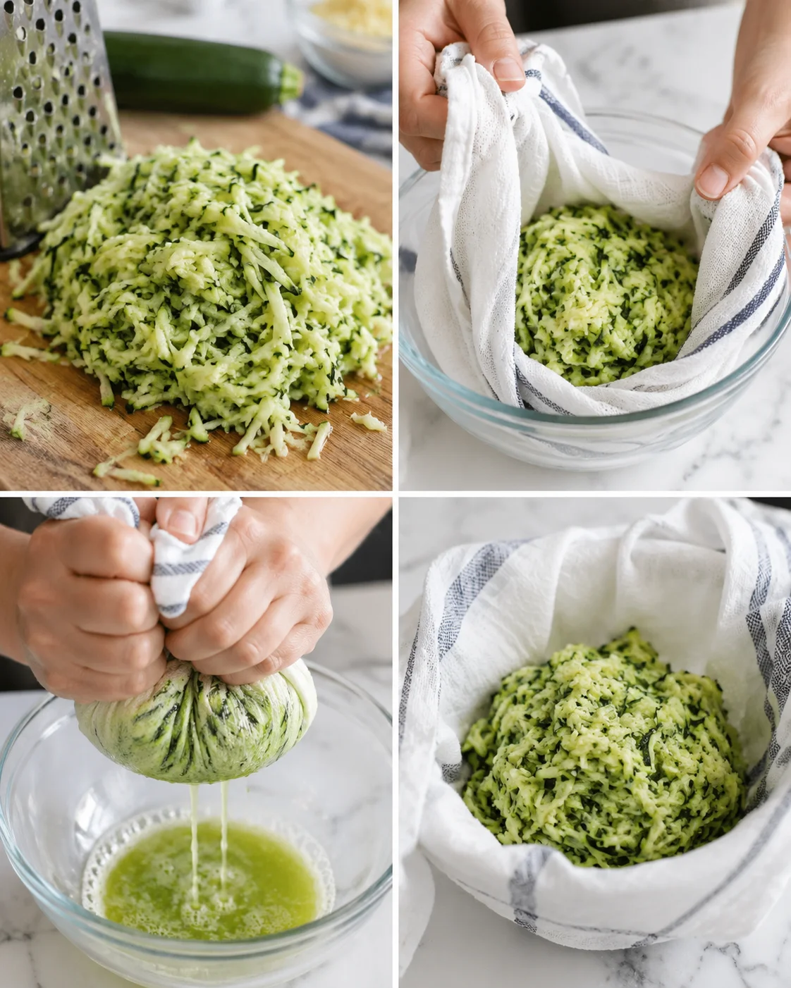 four-panel collage showing grated zucchini being wrung in cloth and drained into a glass bowl.