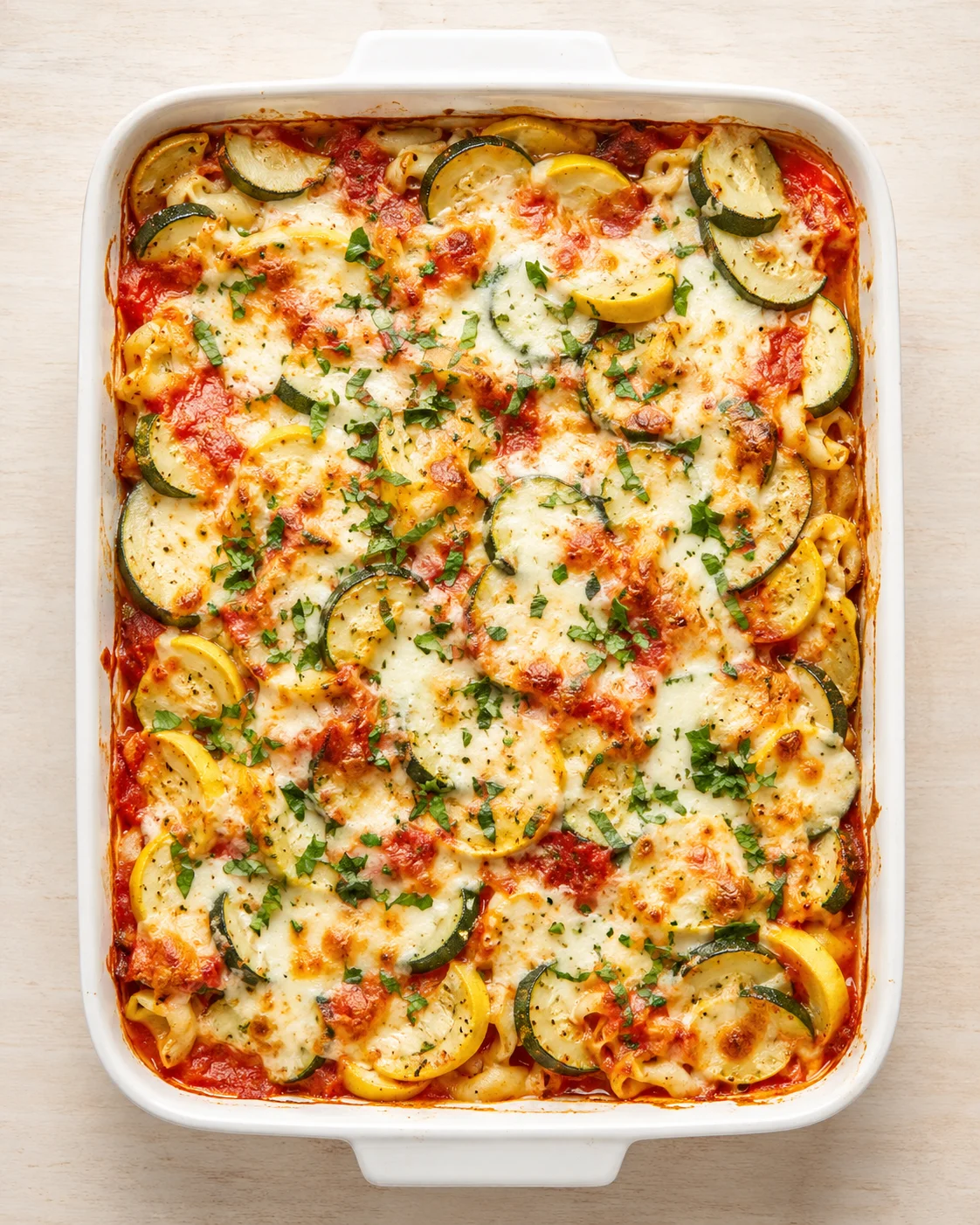 White ceramic baking dish filled with lasagna topped with melted cheese, zucchini rounds, and herbs.