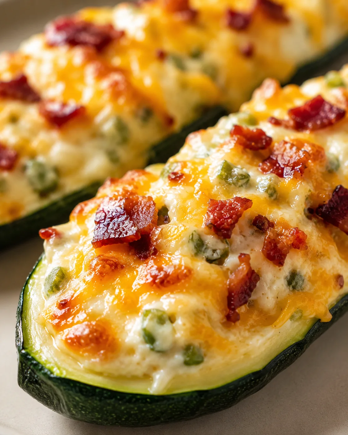 two halved zucchinis filled with creamy cheese, peppers, and crispy bacon on top