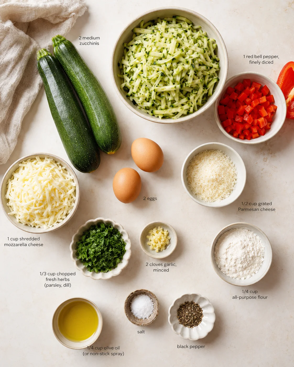 Overhead view of zucchinis, peppers, eggs, cheeses, and herbs arranged for a recipe.