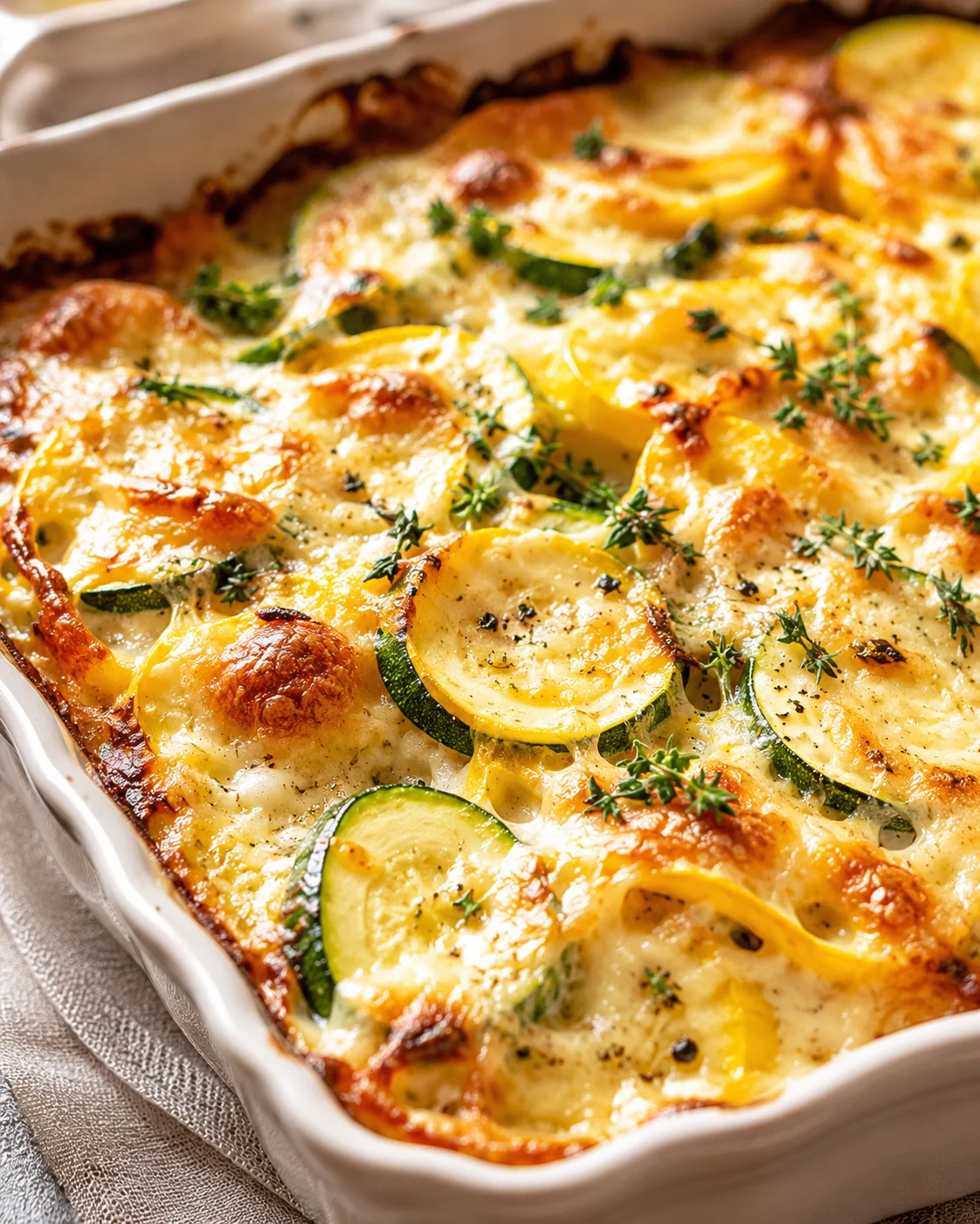 Baked zucchini and yellow squash gratin with melted cheese in a white dish.
