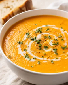 Creamy carrot ginger soup garnished with herbs and a swirl of cream in a bowl