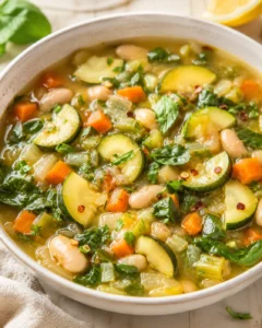 A hearty bowl of chunky zucchini soup with carrots, beans, spinach, and herbs.