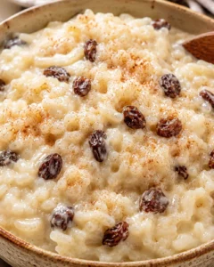 Creamy rice pudding topped with raisins and cinnamon in a rustic bowl.